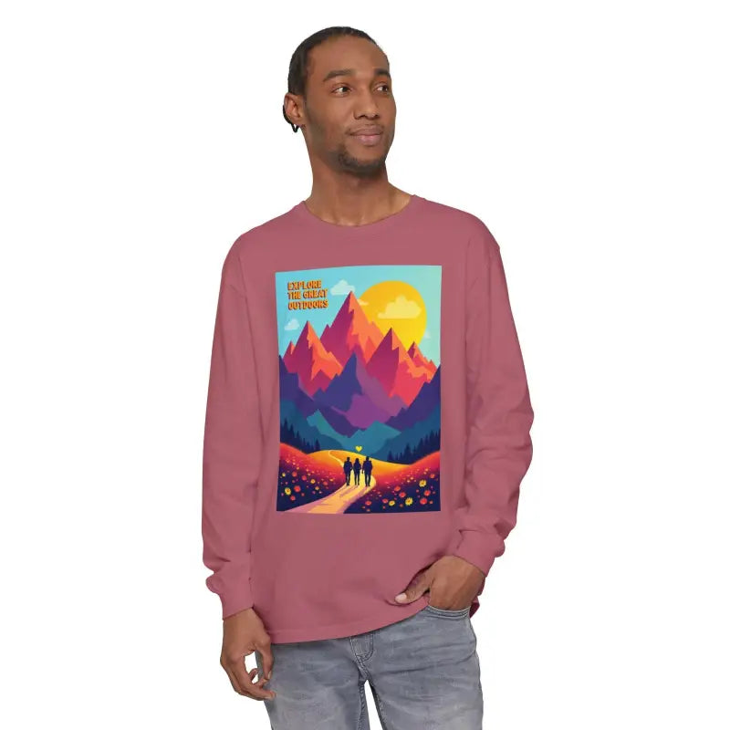 Long-sleeved shirt featuring a mountain graphic from the Mountain Graphic Long Sleeve Shirt Collection