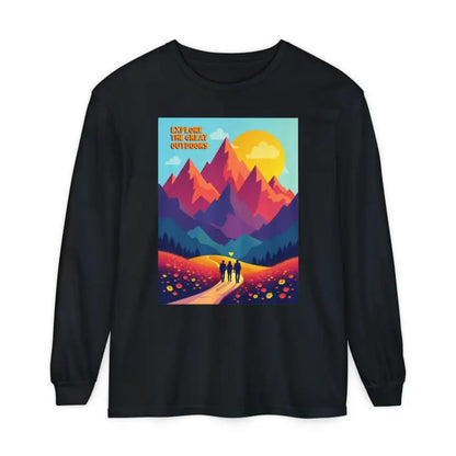 Black long-sleeved shirt featuring a mountain graphic from the Mountain Graphic Long Sleeve Shirt Collection