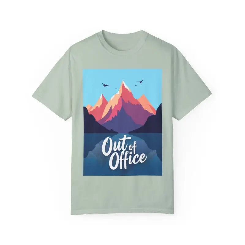 Sage green t-shirt featuring a mountain graphic for hiking and skiing enthusiasts