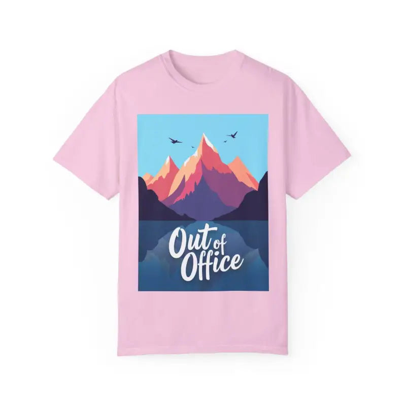 Pink Mountain Graphic Unisex T-Shirt for Hiking and Skiing, featuring outdoor design
