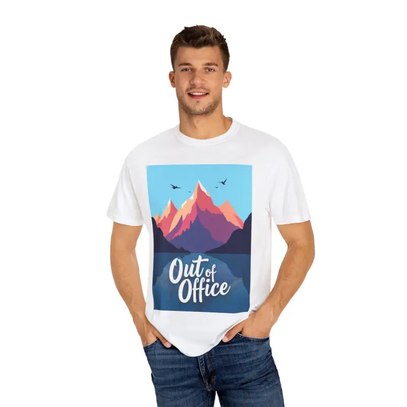 White T-shirt featuring a mountain graphic ideal for hiking and skiing enthusiasts
