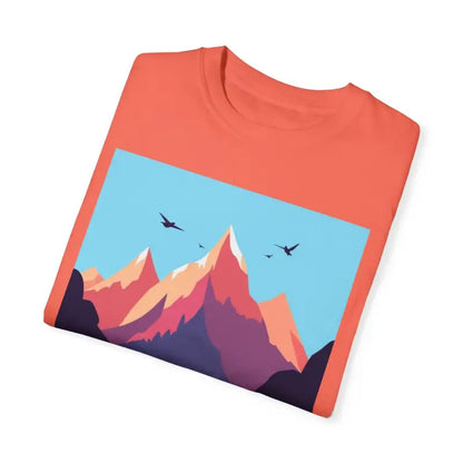 Folded orange Mountain Graphic Unisex T Shirt ideal for hiking and skiing adventures