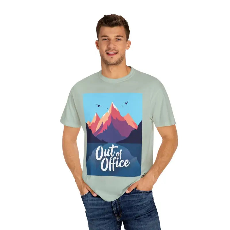 Man modeling Out of Office t-shirt from Mountain Graphic Unisex T Shirt collection