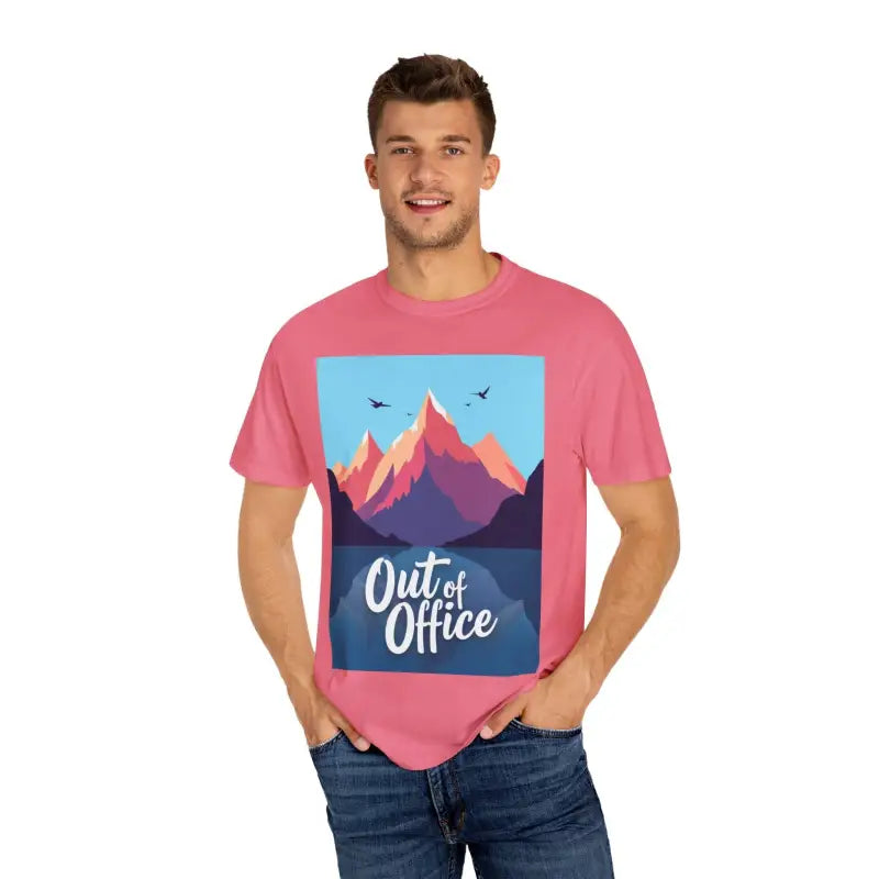 Pink Mountain Graphic Unisex T-Shirt designed for Hiking and Skiing activities