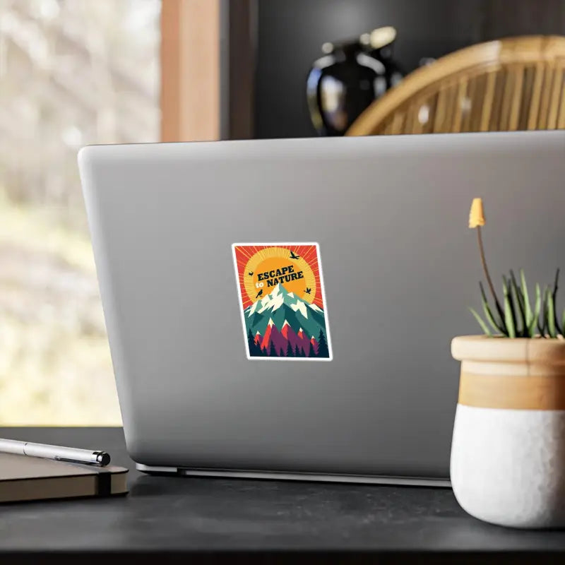 Laptop sticker featuring a mountain scene, part of the Mountain Nature Escape Decal