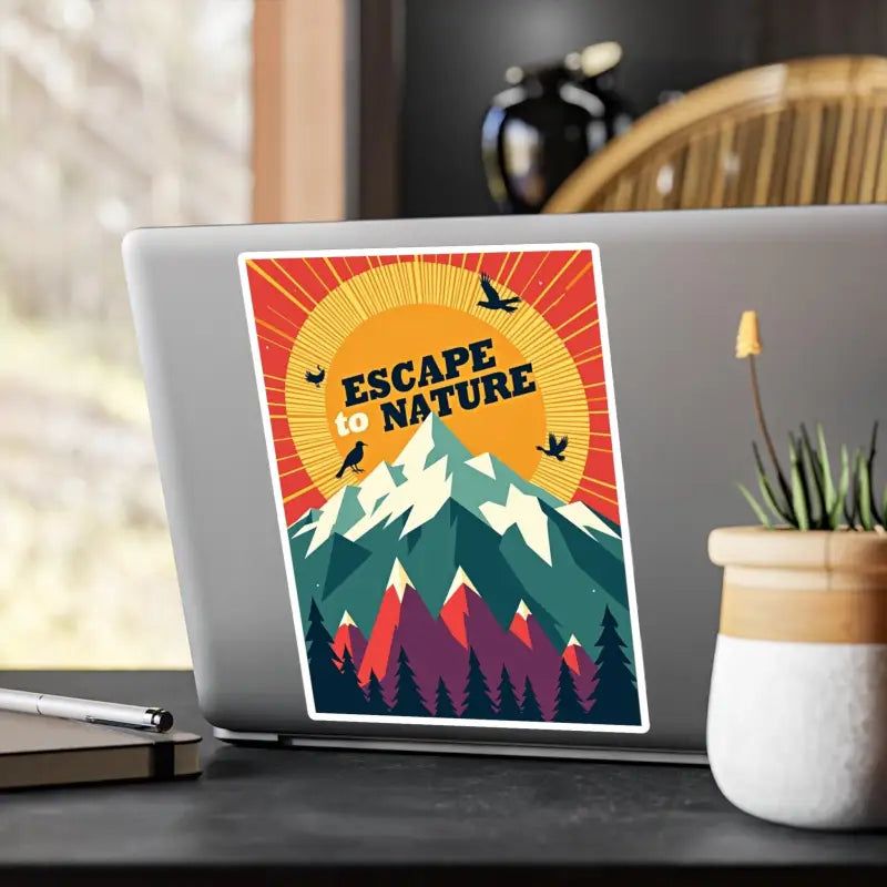 Laptop sticker featuring a scenic mountain landscape, Mountain Nature Escape Decal