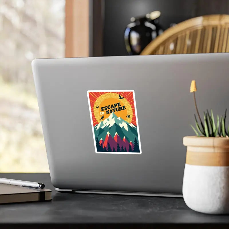 Laptop sticker featuring a scenic mountain landscape for the Mountain Nature Escape Decal