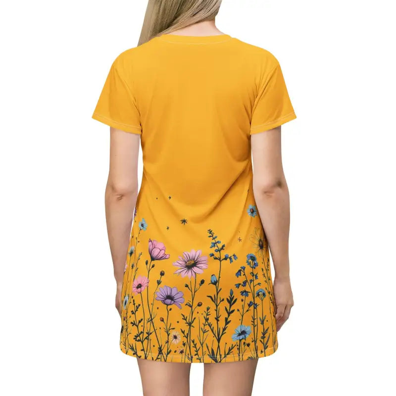 Mustard yellow floral print T-shirt dress ideal for casual and stylish outings