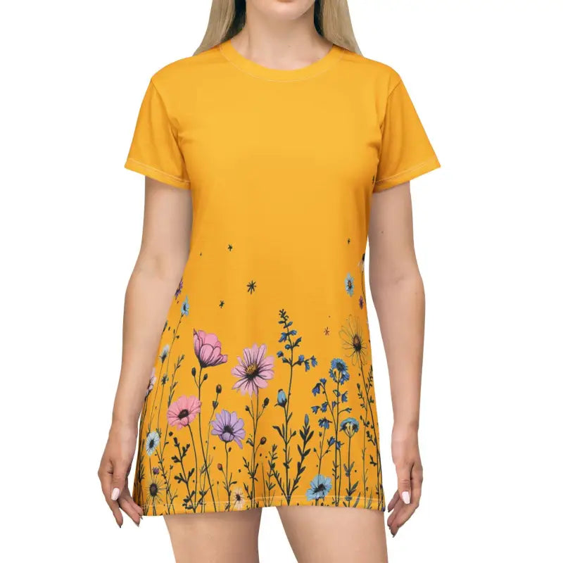 Mustard yellow floral print t-shirt dress for stylish and casual summer fashion