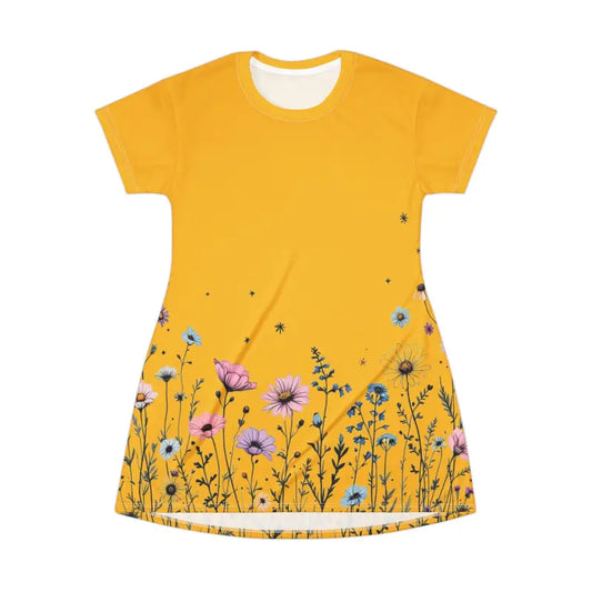Mustard Yellow Floral T Shirt Dress for Effortless Style - Ocean State Styles