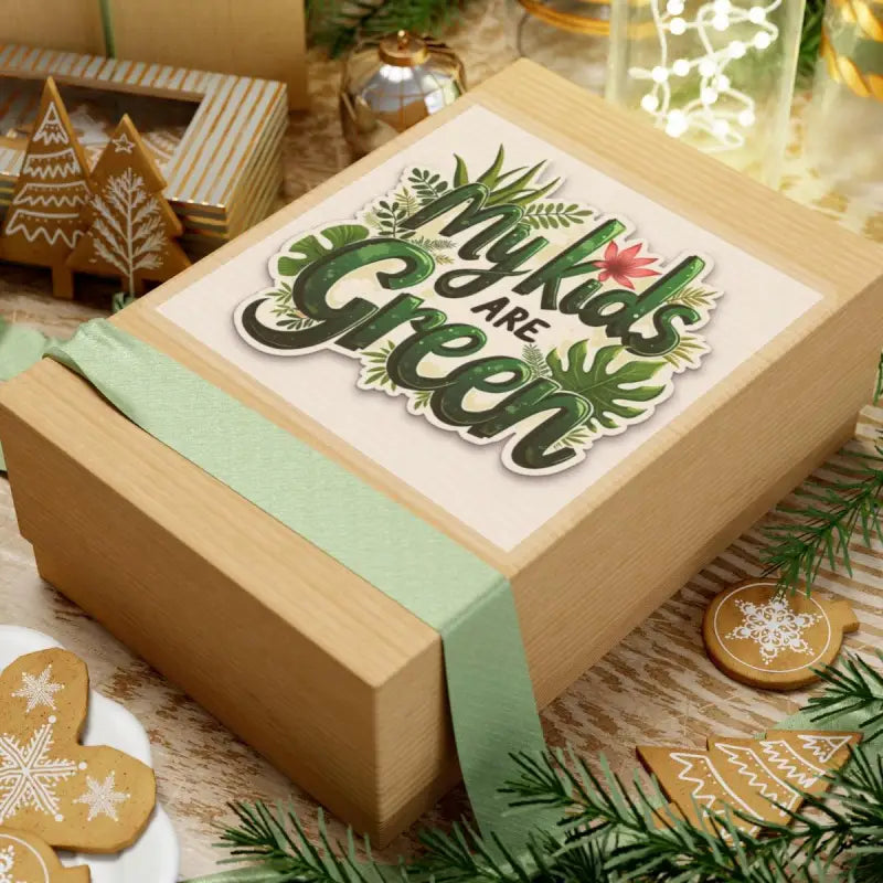 Gift box with green ribbon for My Kids Are Green Sticker featuring plant illustrations