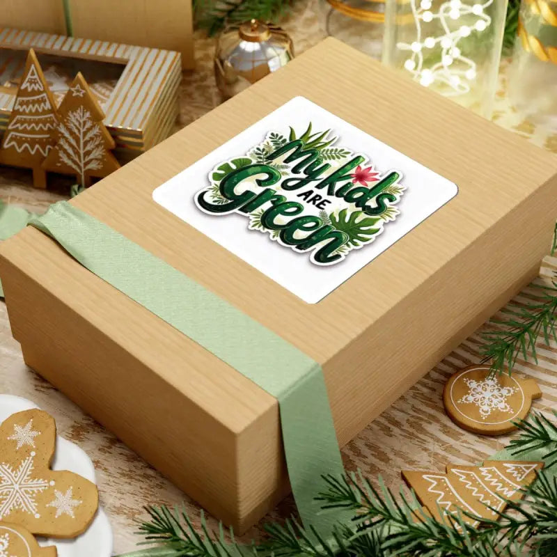 Gift box featuring My Kids Are Green sticker with plant illustrations design