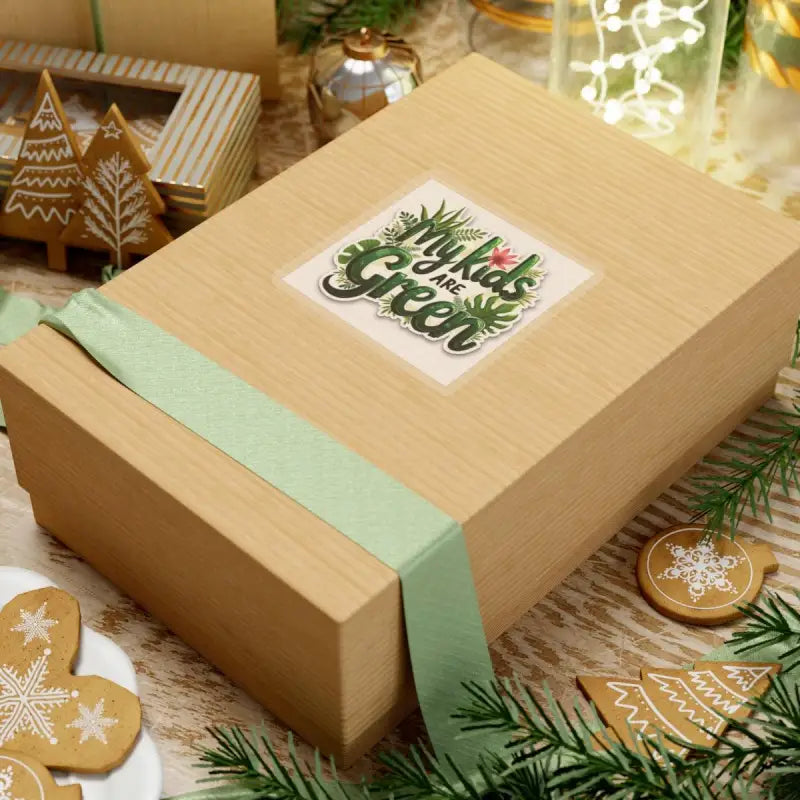 Wrapped gift box featuring My Kids Are Green Sticker with plant illustrations