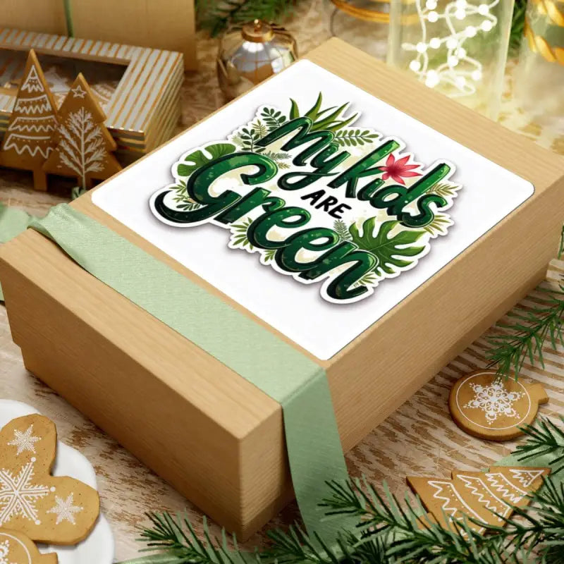 Gift box featuring My Kids Are Green sticker with plant illustrations