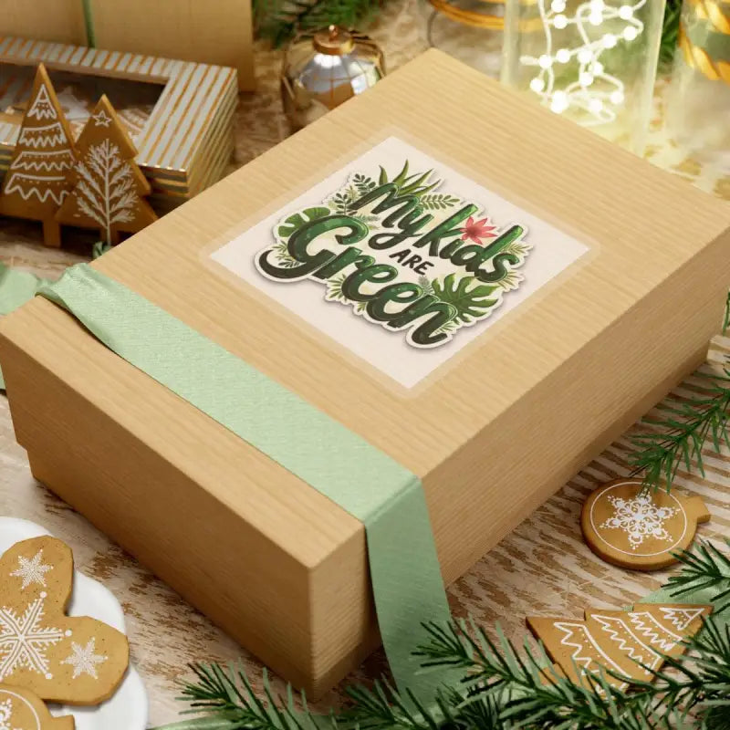 Gift box with green ribbon for My Kids Are Green Sticker featuring plant illustrations