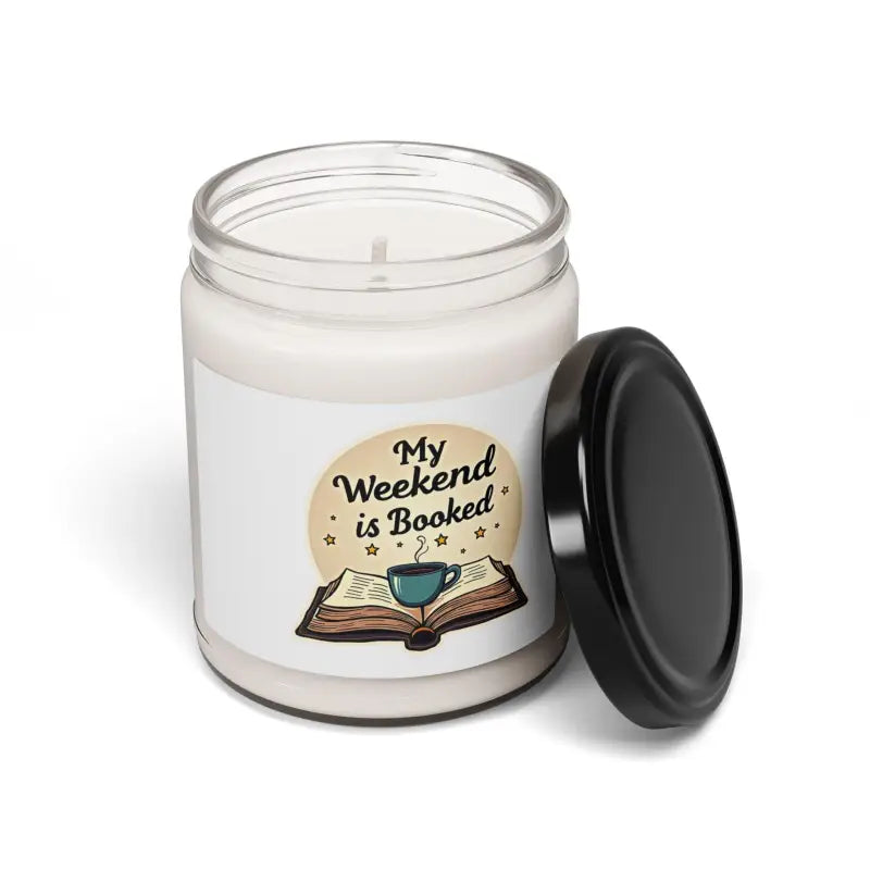 Scented candle with a book and coffee design for My Weekend Is Booked collection