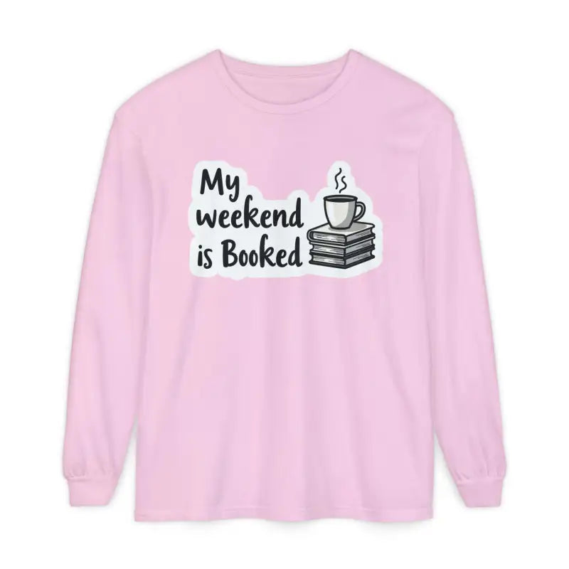 Pink long-sleeved shirt featuring book and coffee graphic for relaxed weekend attire
