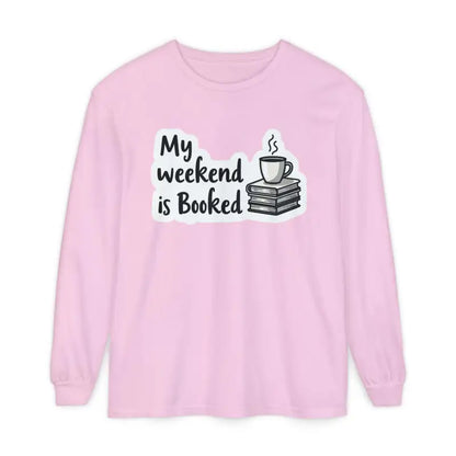 Pink long-sleeved shirt featuring book and coffee graphic for relaxed weekend attire