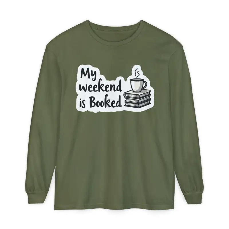 Olive green long-sleeved shirt from My Weekend is Booked collection for unisex wear
