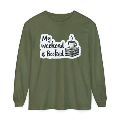 Olive green long-sleeved shirt from My Weekend is Booked collection for unisex wear