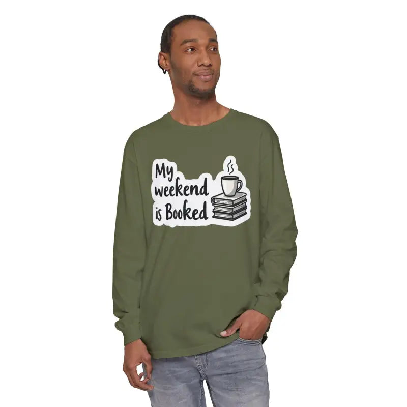 Olive green long-sleeved shirt from My Weekend is Booked collection for unisex wear