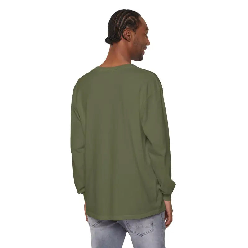 Olive green long-sleeved shirt from My Weekend is Booked collection for unisex wear
