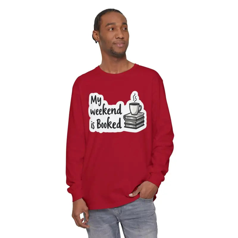 Red long-sleeved My Weekend is Booked Unisex Shirt for casual wear and relaxation