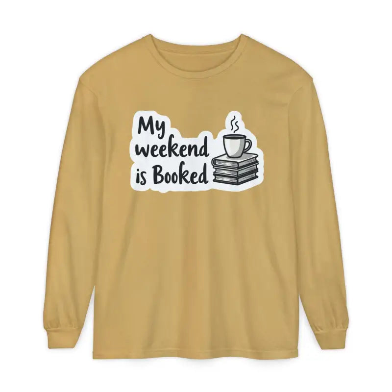 Long-sleeved shirt featuring book and coffee graphic from My Weekend is Booked collection