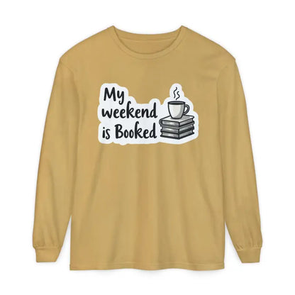 Long-sleeved shirt featuring book and coffee graphic from My Weekend is Booked collection