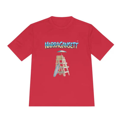 Red t-shirt featuring a beach scene from Narragansett Beach Lifeguard collection