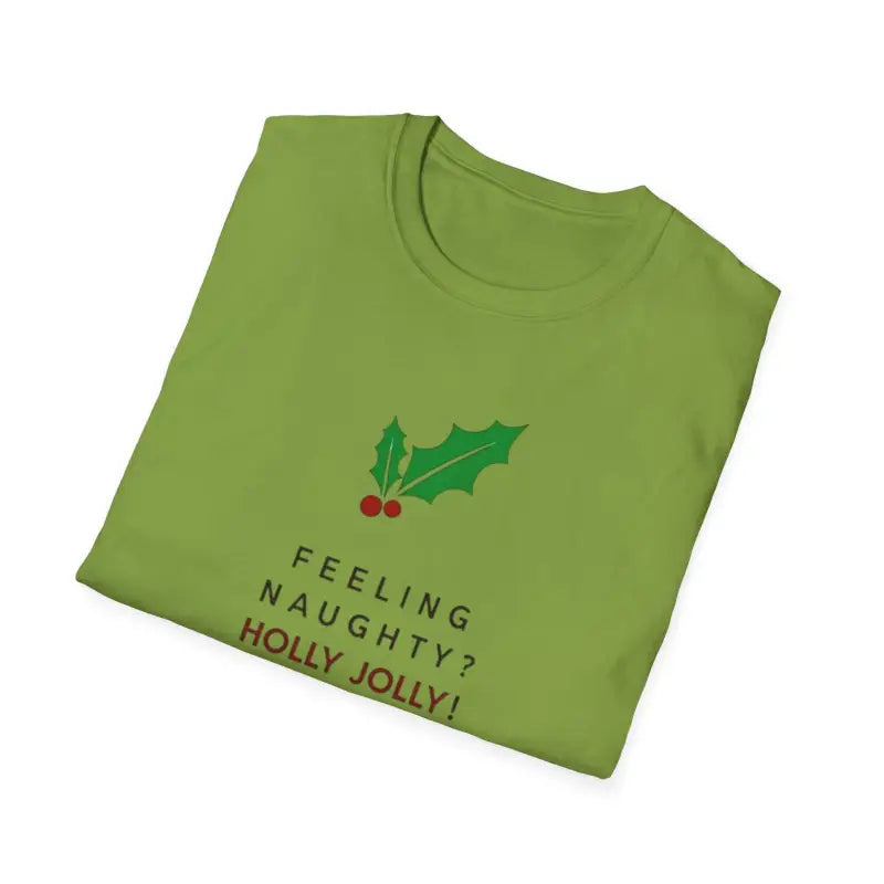 Green T-shirt featuring festive holly design from Naughty Holly Jolly Holiday collection