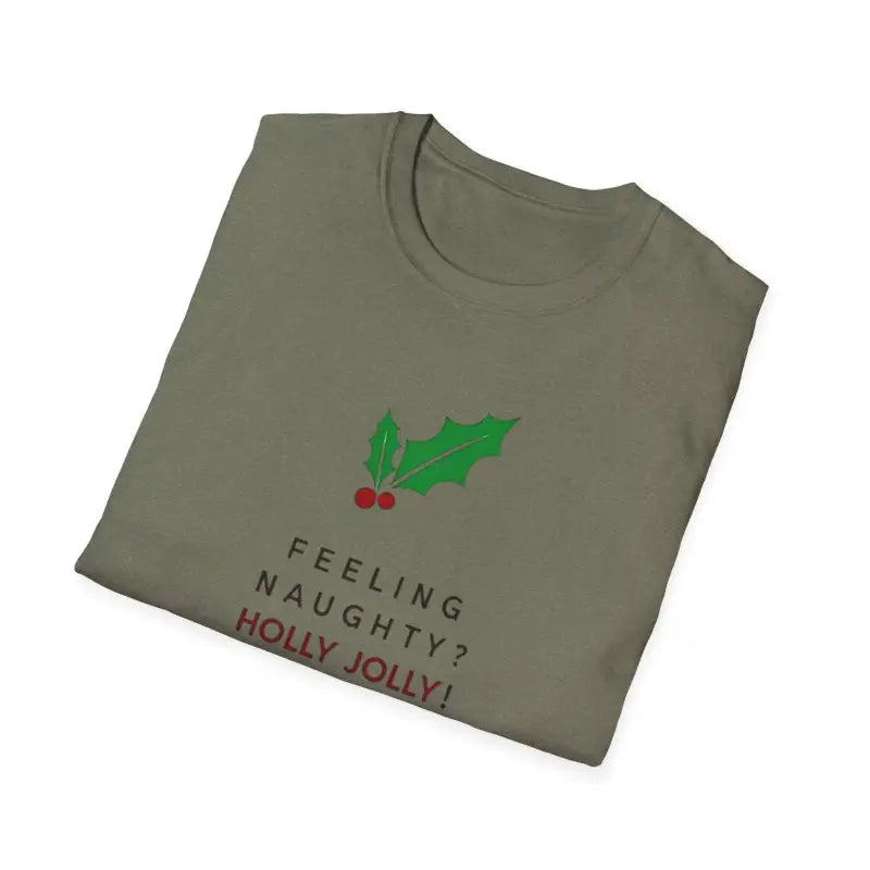 Folded t-shirt featuring a holly design, part of the Naughty Holly Jolly Holiday collection
