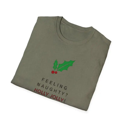 Folded t-shirt featuring a holly design, part of the Naughty Holly Jolly Holiday collection