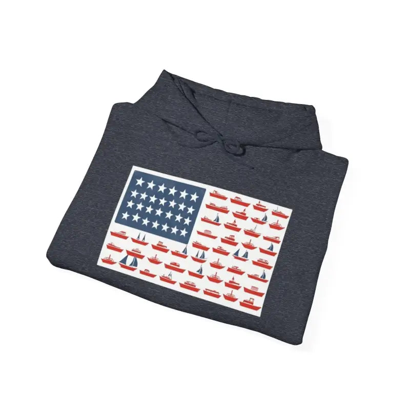 Folded Navy Blue Hooded Sweatshirt featuring American Flag and Boat-themed Design