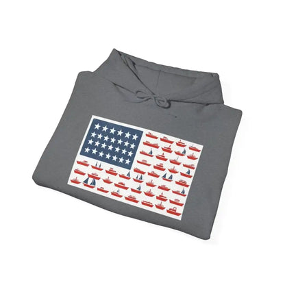 Gray hoodie featuring a boat-themed American flag design for nautical enthusiasts