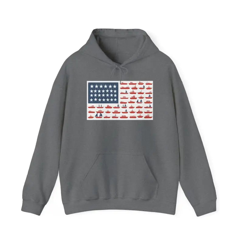 Gray hoodie featuring boat-themed American flag design for stylish maritime enthusiasts