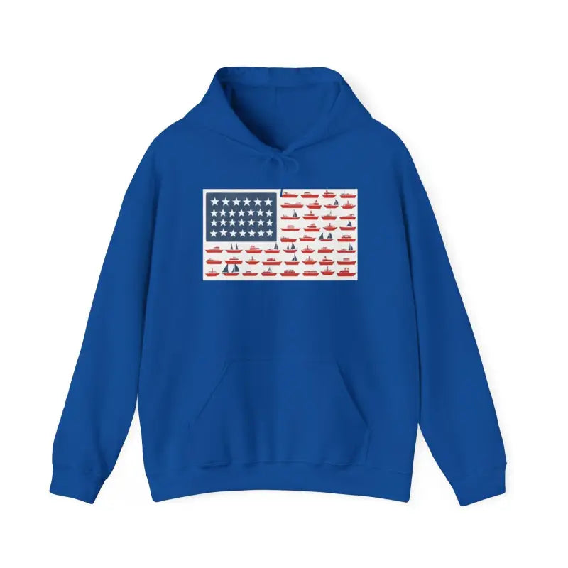 Navy Blue Hooded Sweatshirt featuring American Flag and Maritime Signal Flag design