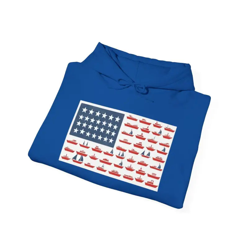 Folded navy blue hoodie featuring boat-themed American flag design for nautical style