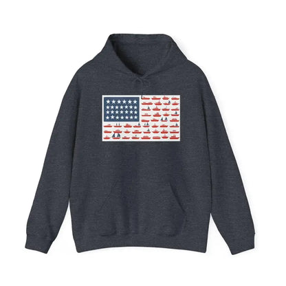 Navy hoodie featuring American flag design and maritime signal flag details