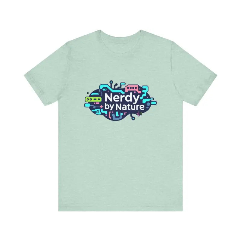 Light green Nerdy by Nature unisex graphic t-shirt displayed on a plain background