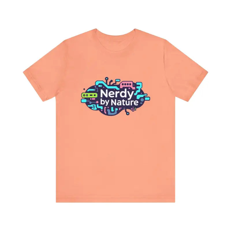 Peach-colored Nerdy by Nature unisex graphic t-shirt showcasing unique design