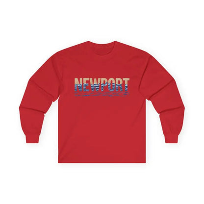 Red long-sleeved Newport Coastal Vibes Unisex Shirt displayed on a hanger