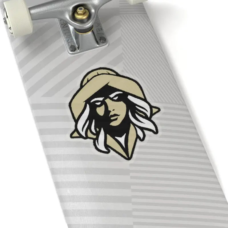 Skateboard featuring NKHS Lax Sticker of woman with hat for indoor decor