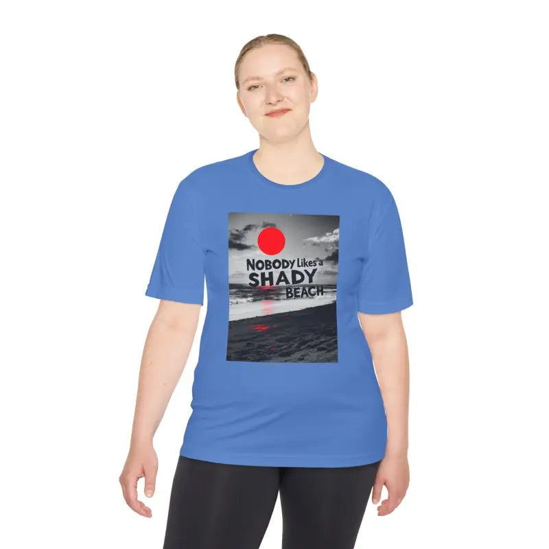 Blue t-shirt with beach graphic from Nobody Likes a Shady Beach Unisex Tee
