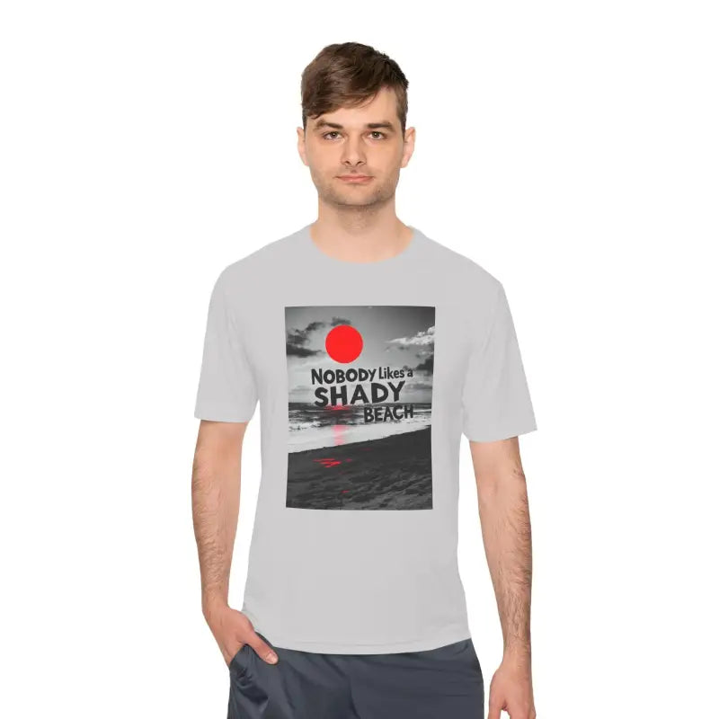 Gray t-shirt with beach graphic from Nobody Likes a Shady Beach Unisex Moisture Wicking Tee