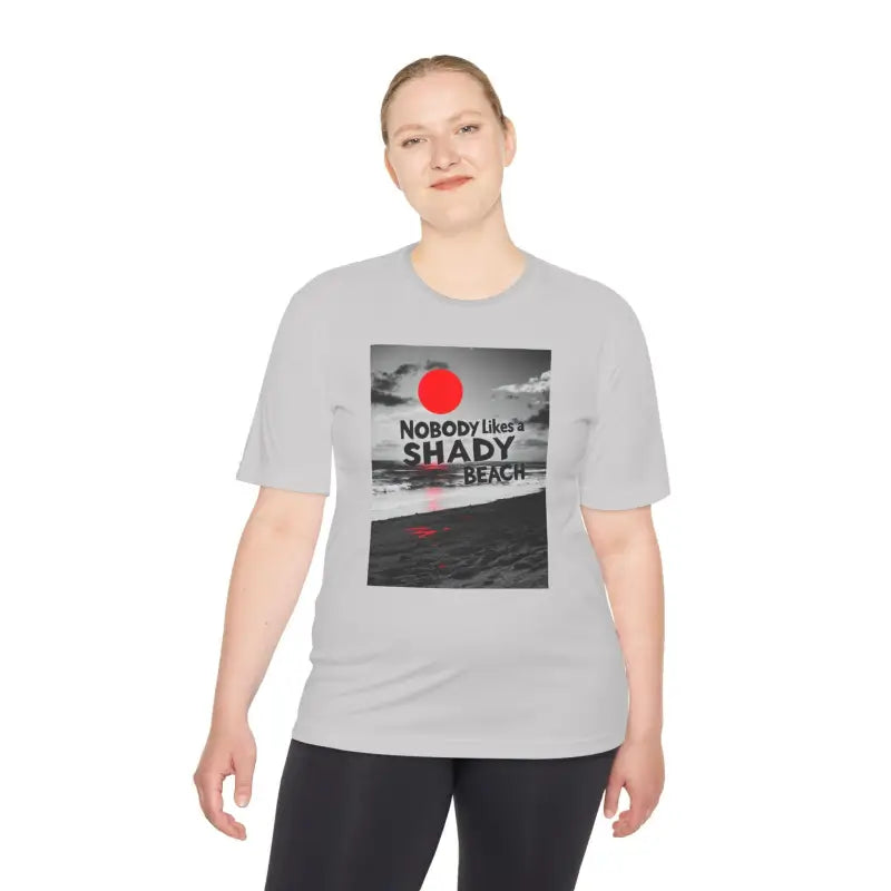 Gray t-shirt with beach graphic from Nobody Likes a Shady Beach Unisex Tee
