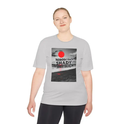 Gray t-shirt with beach graphic from Nobody Likes a Shady Beach Unisex Tee