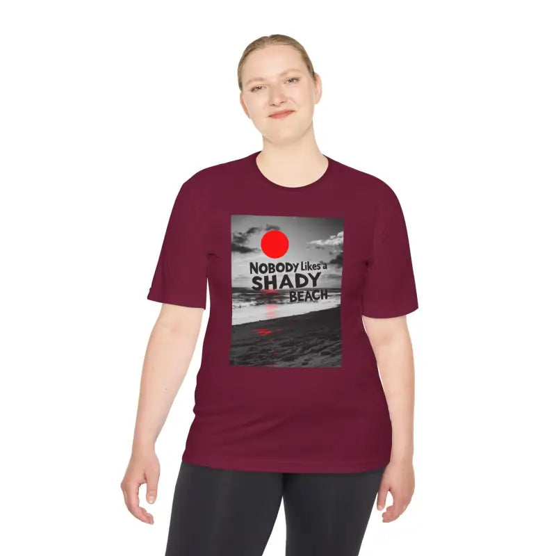 Maroon t-shirt featuring beach graphic from Nobody Likes a Shady Beach collection