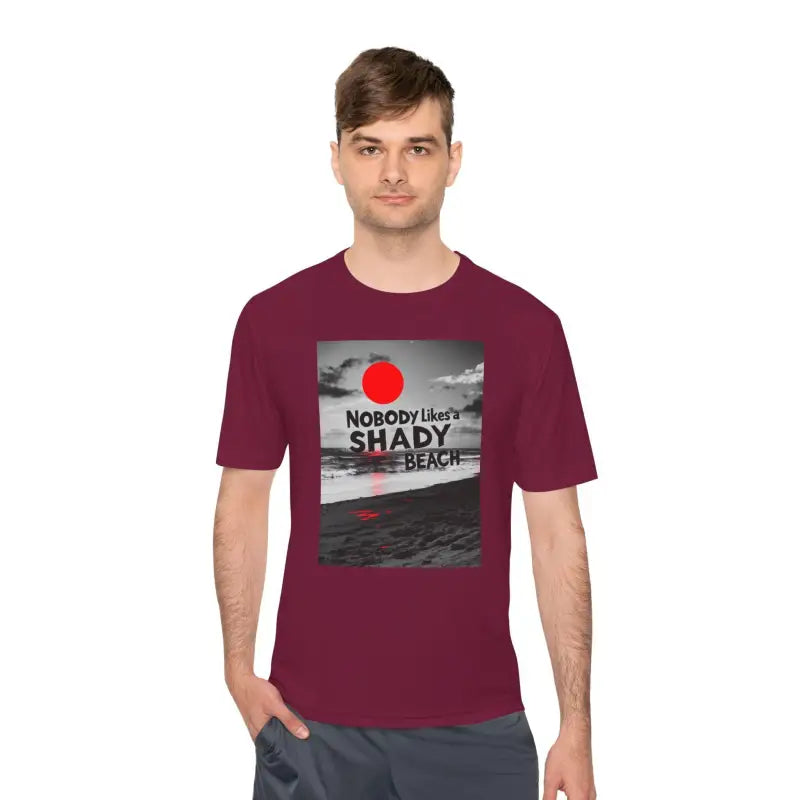 Maroon moisture-wicking tee featuring beach graphic for unisex casual wear