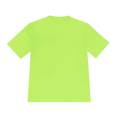 Neon green Nobody Likes a Shady Beach Unisex Moisture Wicking Tee displayed on hanger